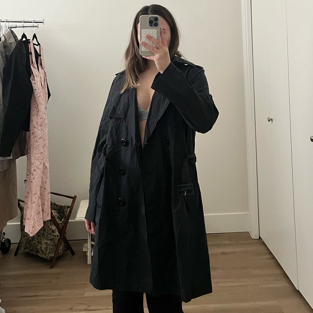 Lightweight Black Cotton Trench, cotton/silk, size 4/6 chic womenswear jacket - Picture 2 of 15